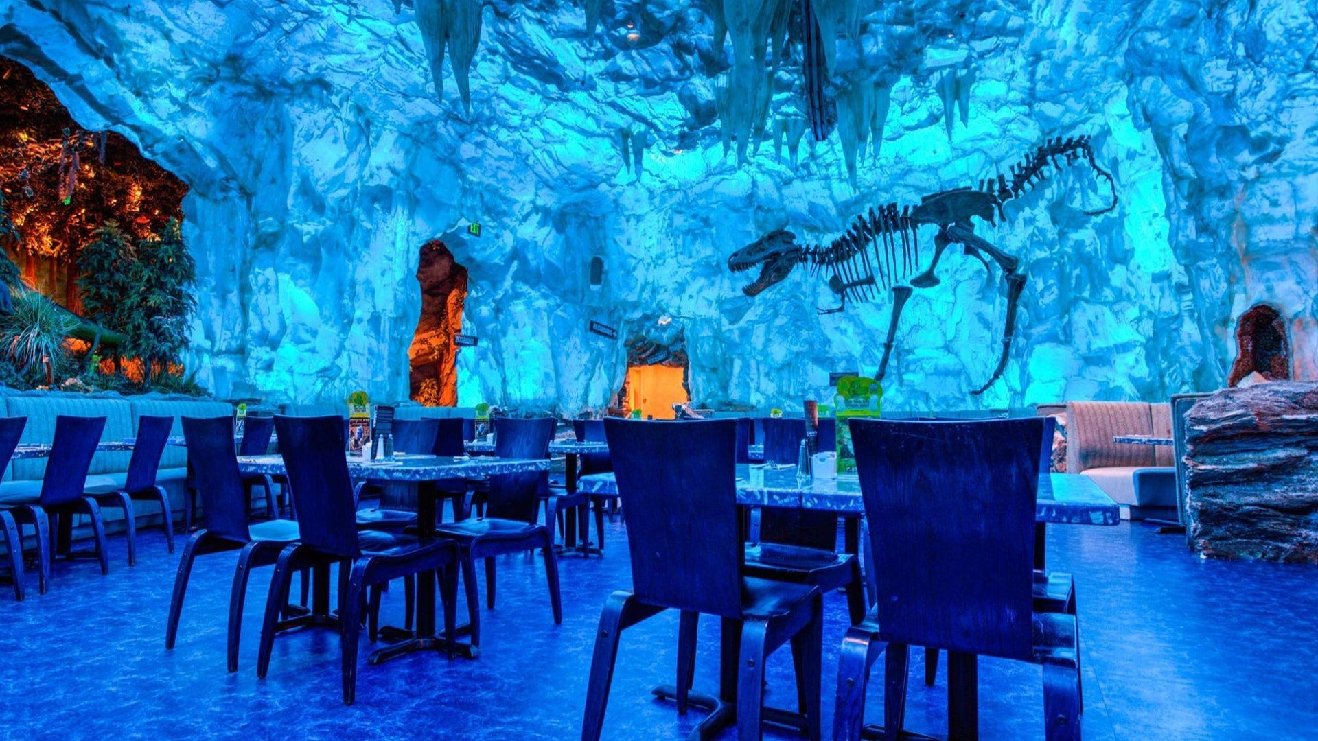 ice cave in a restaurant with dining tables and chairs and a dinosaur