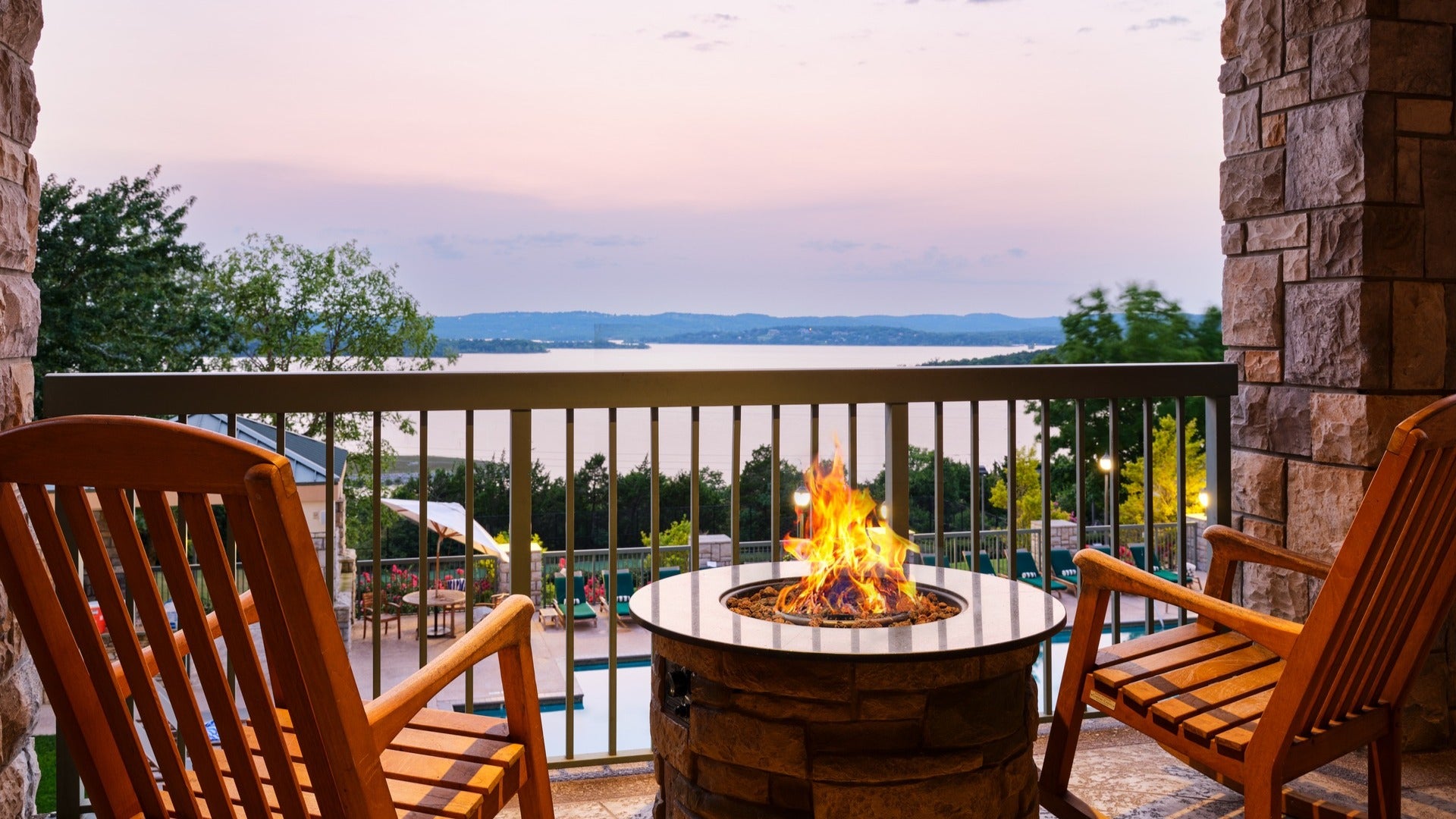 chairs with fire pit and view of table rock lake