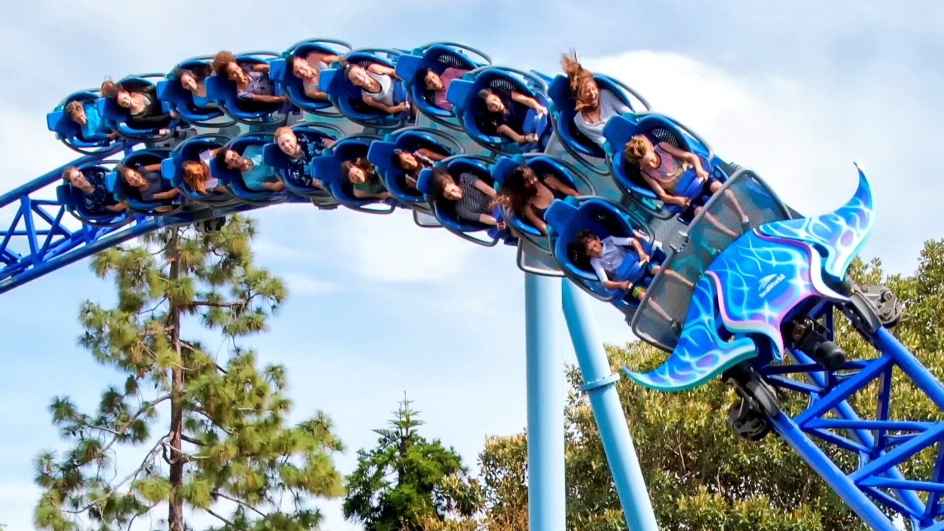 people riding a roller coaster, trees at the back