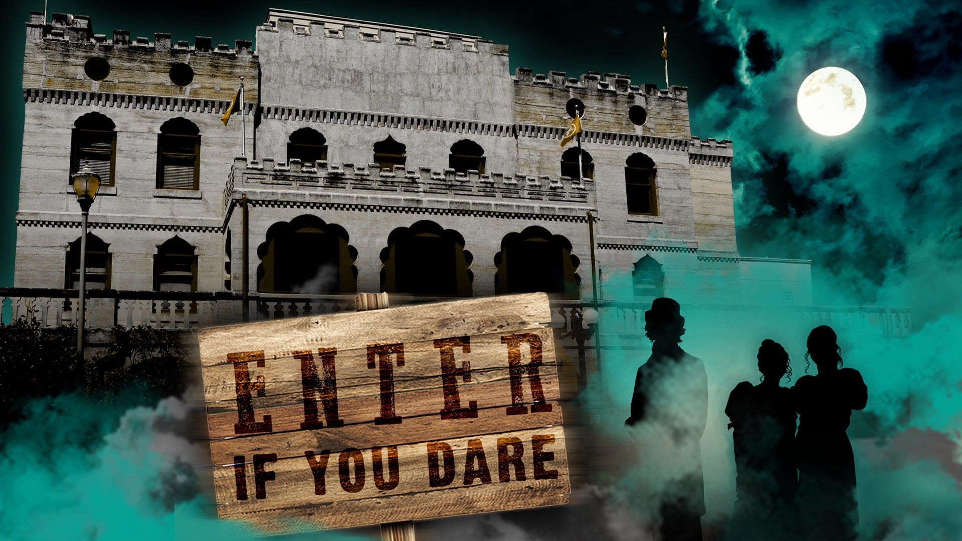 poster for haunted house investigation with people, castle and moon