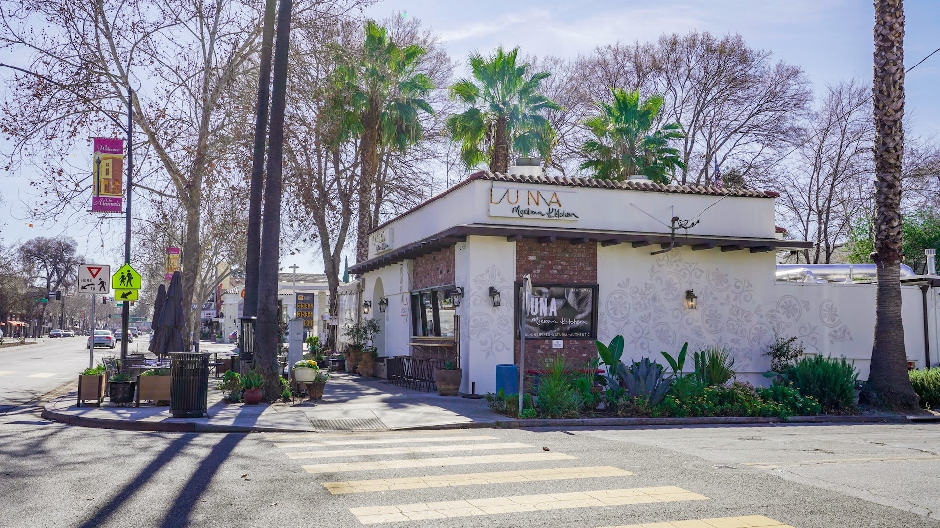 front view of a restaurant with tall trees