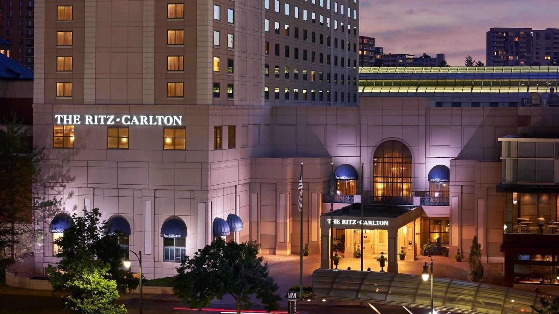 front view of a hotel at night