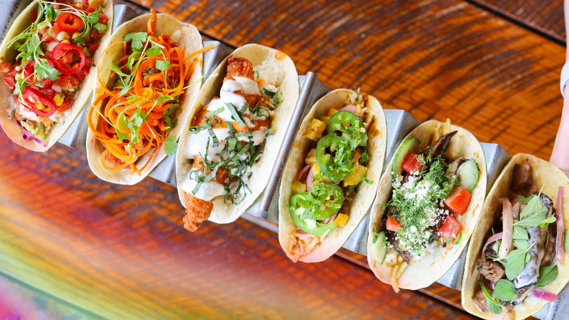 line of tacos in different flavors