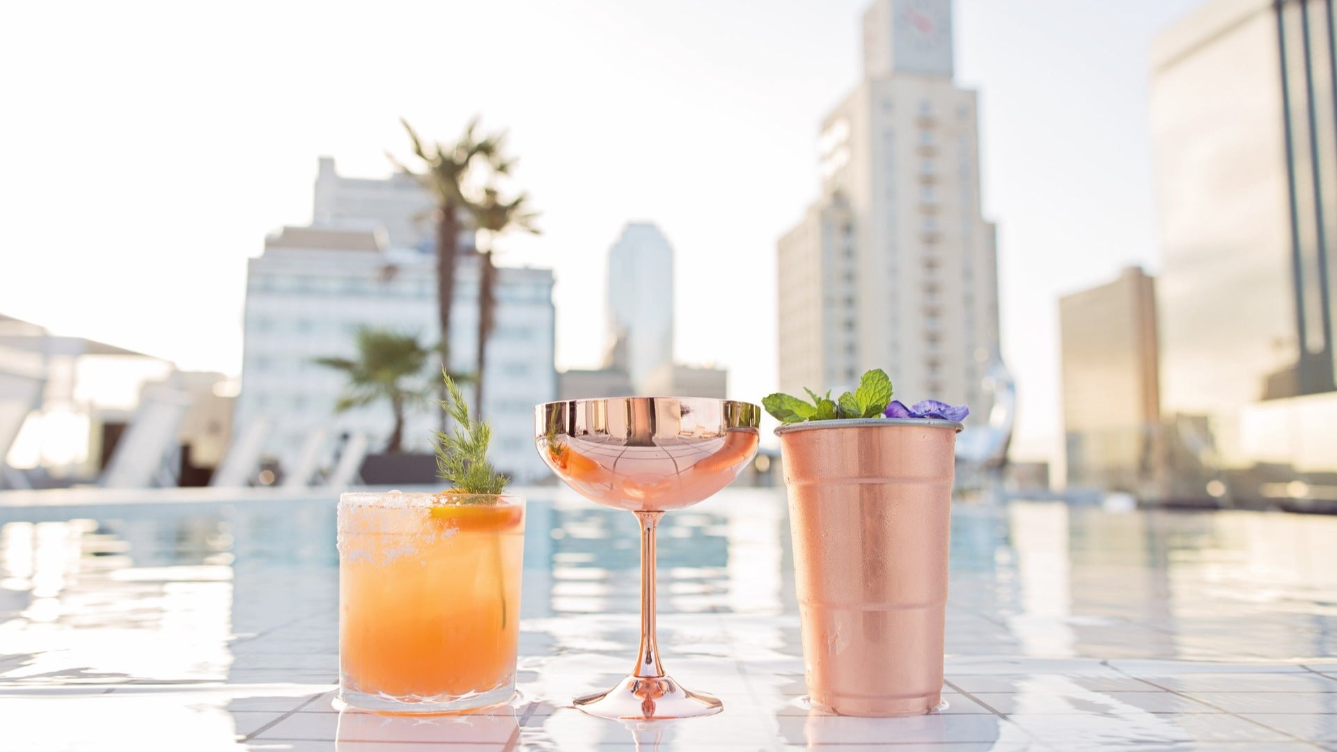 drinks and cocktails with a view of the pool and skyline