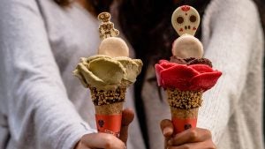 girls holding ice creams in different flavors