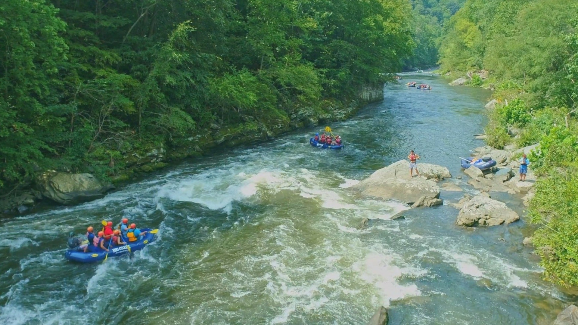 people going whitewater river rafting, trees surrounding the river