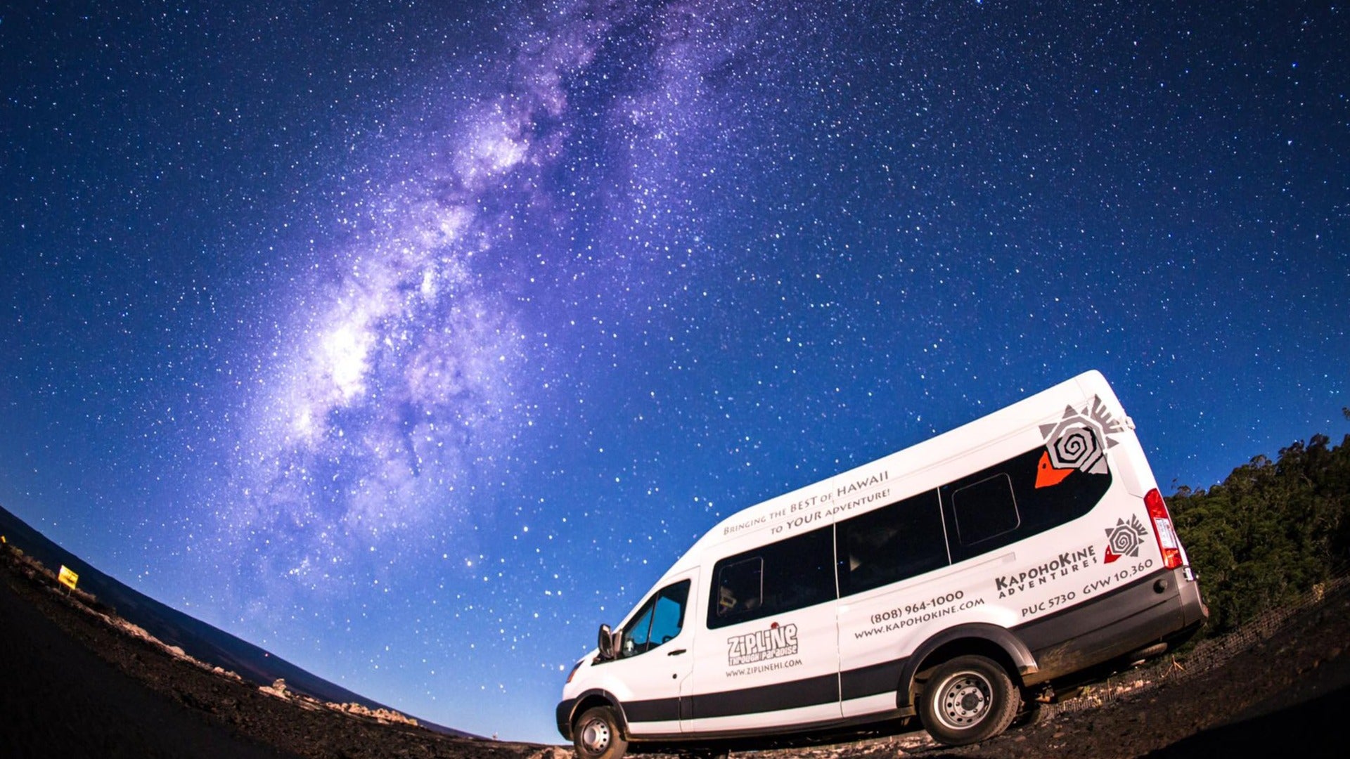 van with a view of night sky, trees at the back