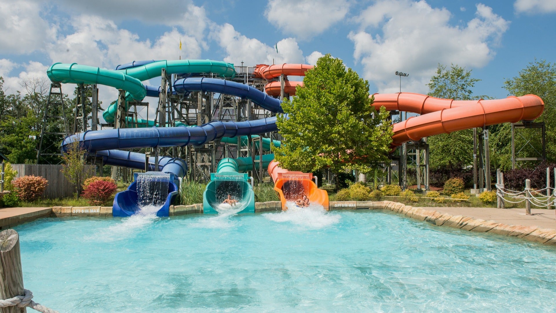 slides in a water park with pool below and trees surrounding