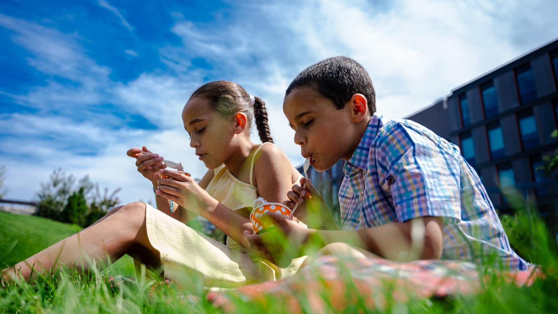 children eating ice cream on the grass