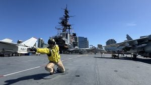 Statue of an airman on the flight deck of the carrier ship USS Midway