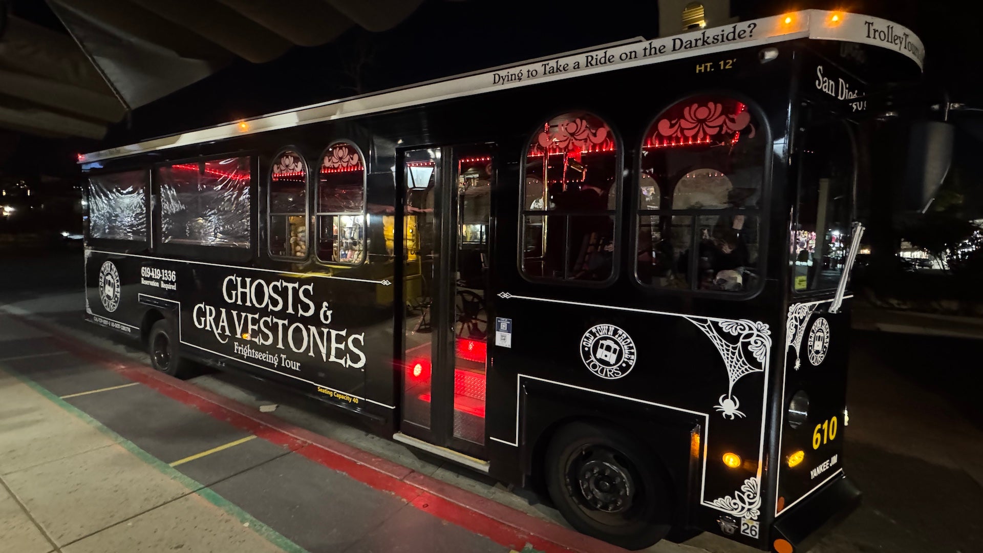 Black bus trolley with spooky trimmings