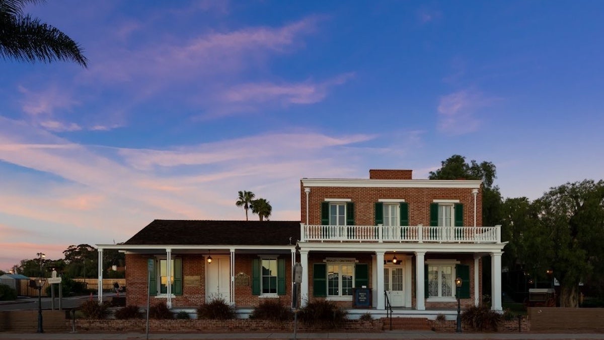 Exterior view of the Whaley House at dusk