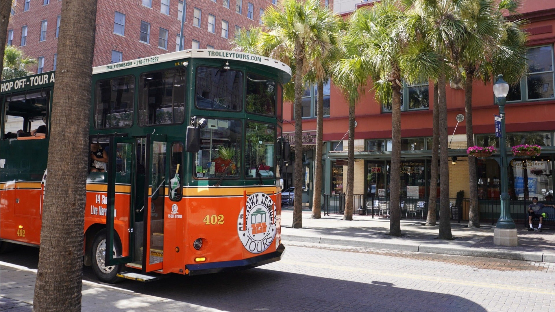 old town trolley hop on hop off bus with trees on the side of the street