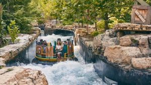 Family riding on a water ride through a green tree lined area