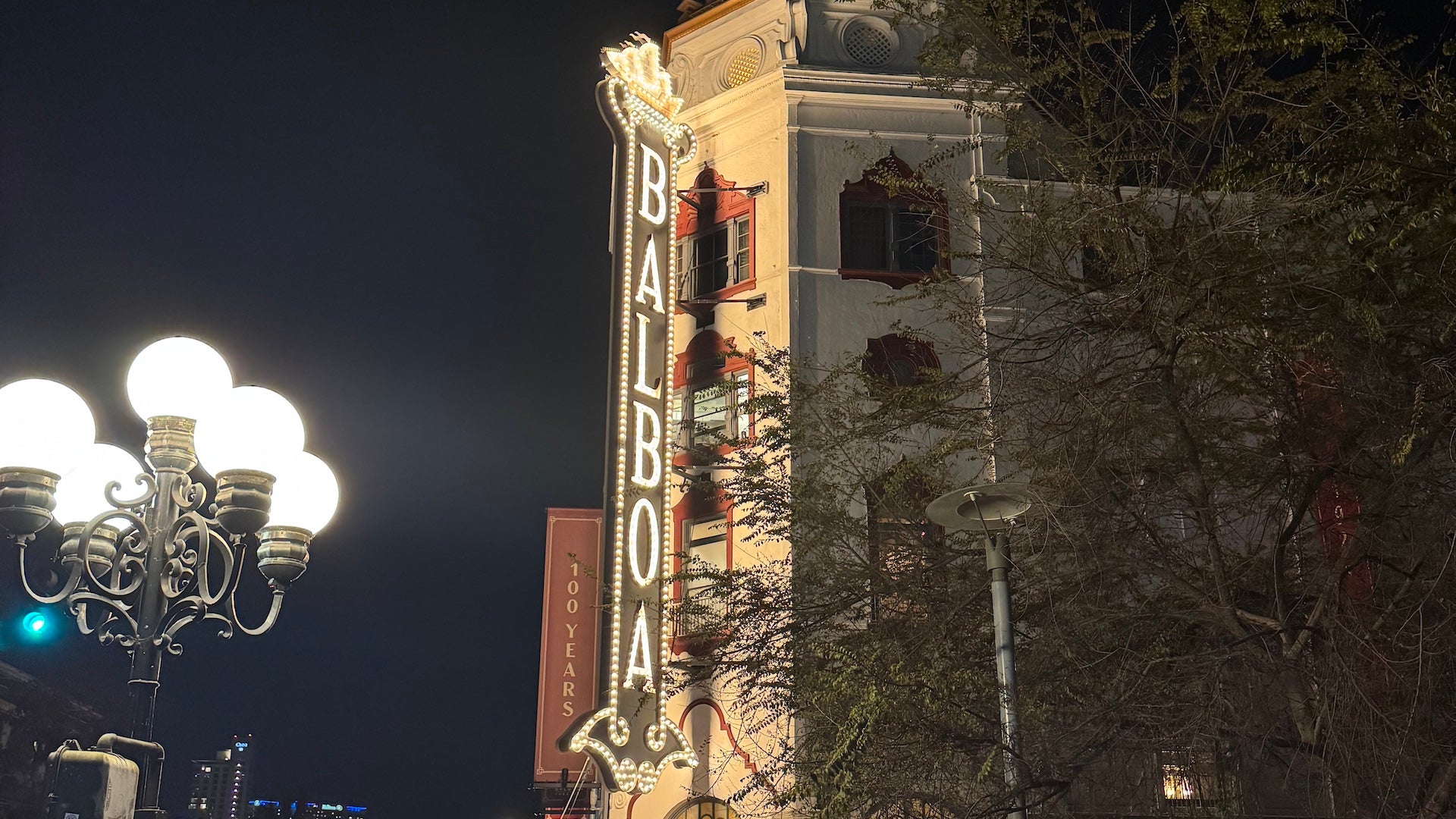 Marque sign that says "Balboa" on the side of an old theater