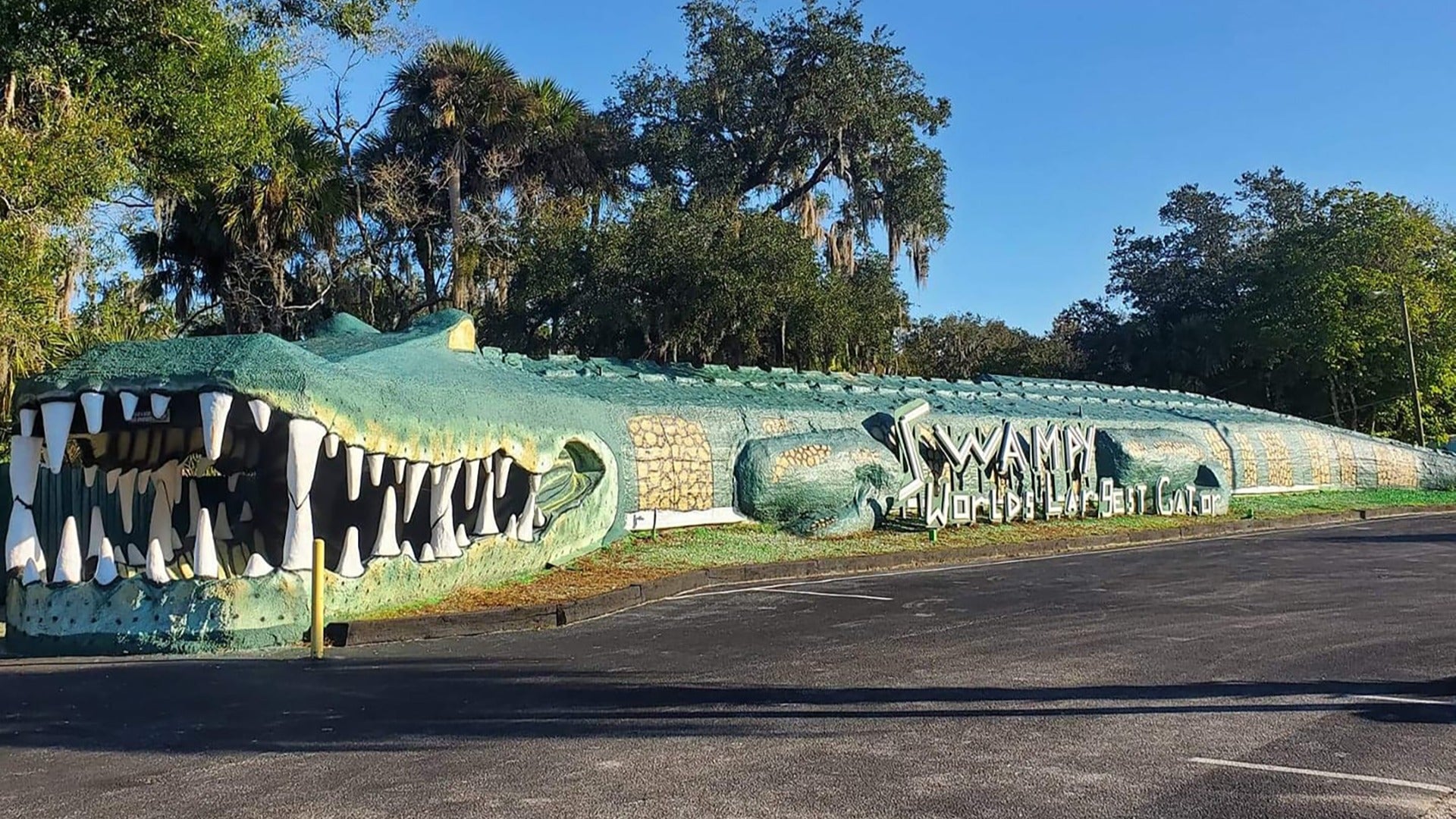 alligator installation with trees at the back