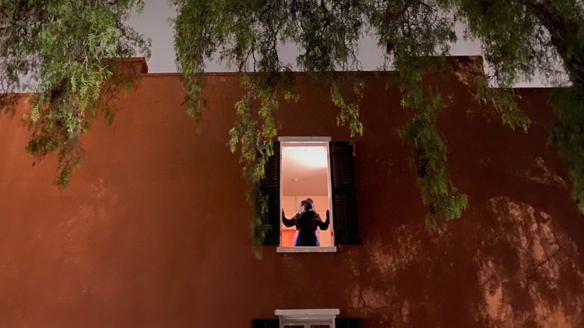 woman in a window wearing a hat