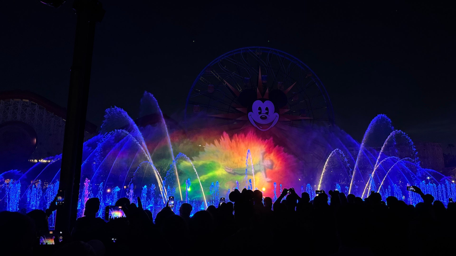 A Peter Pan projection on a water and light show at Disney California Adventure