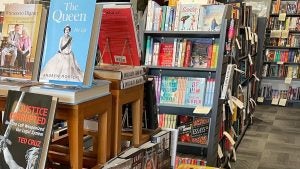 Interior of a book store with books lining shelves