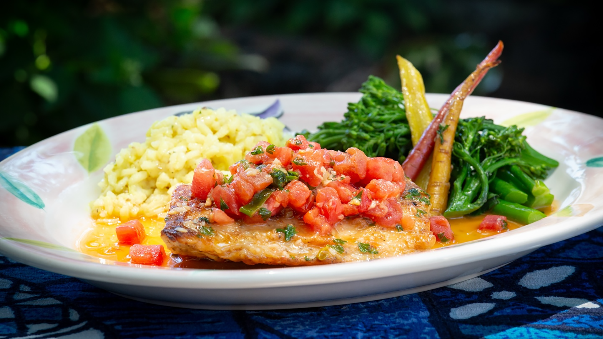 mahi mahi dish with various garnishes