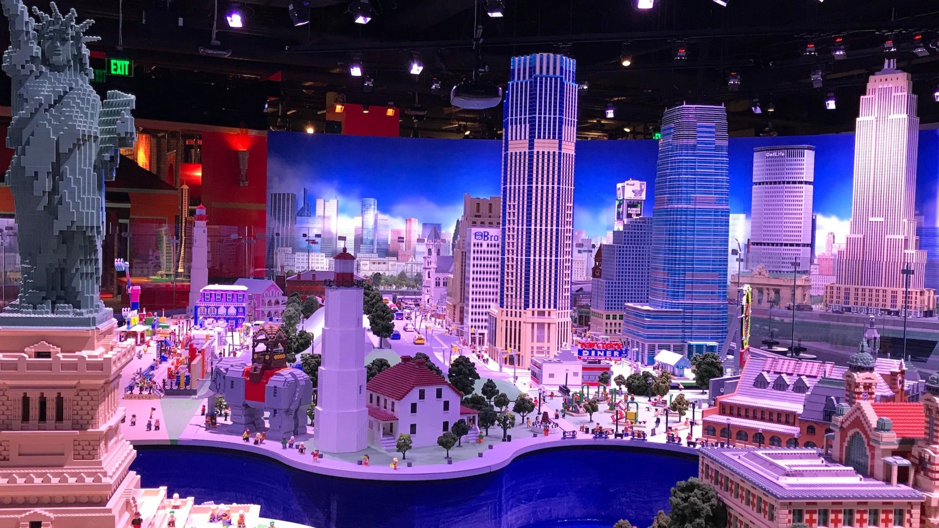 lego blocks of an entire city including buildings, houses, parks, and more