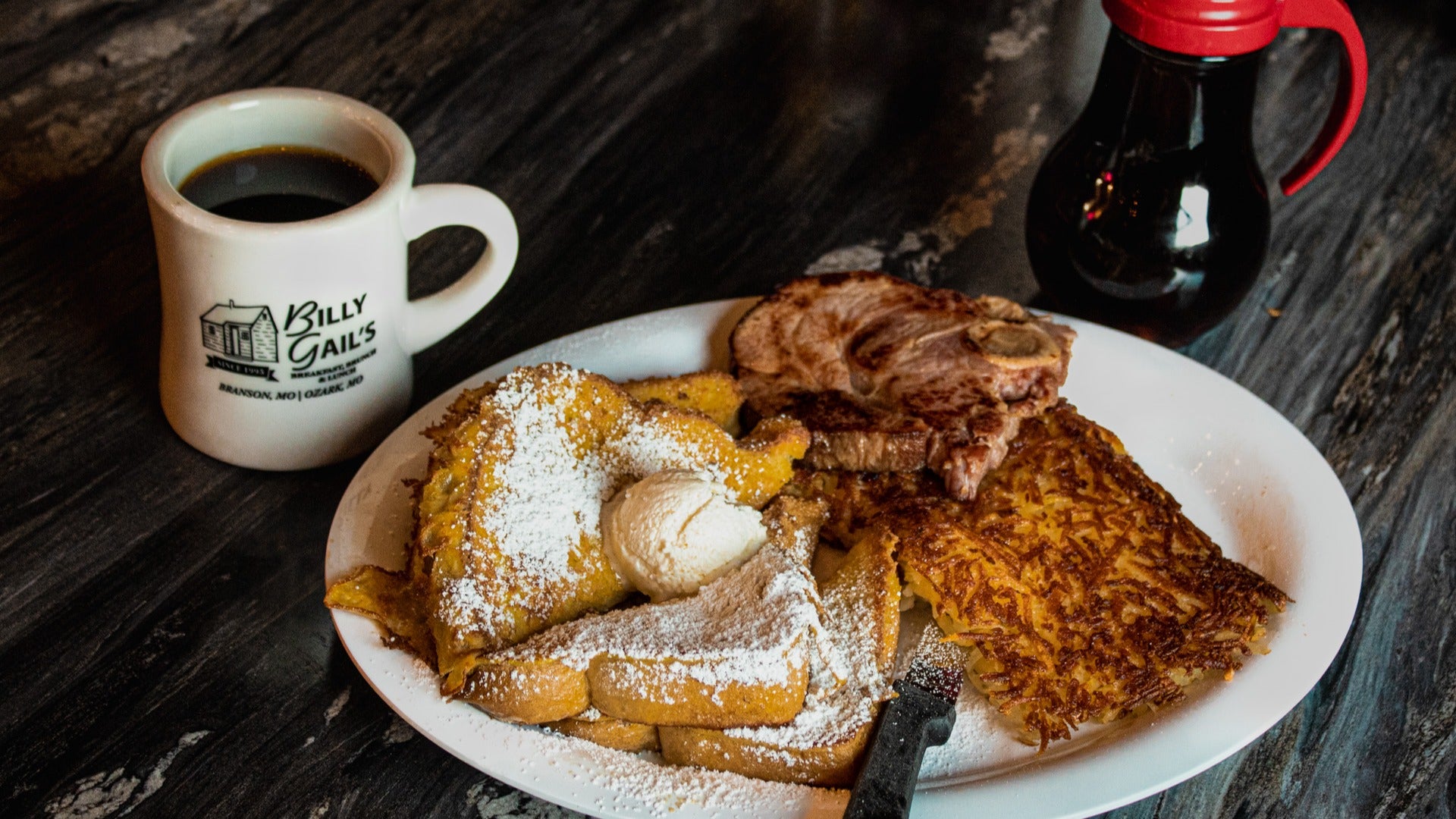 french toast, pancake, coffee and syrup