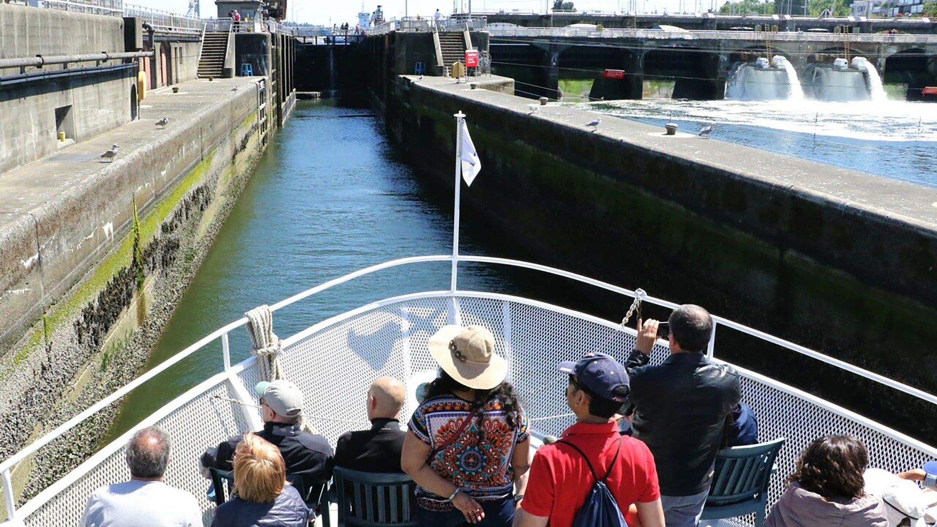 people abord a cruise going through seattle locks