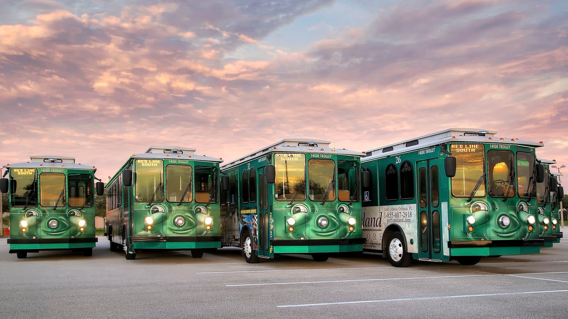 trolley buses parked with a pink sunset sky in the background