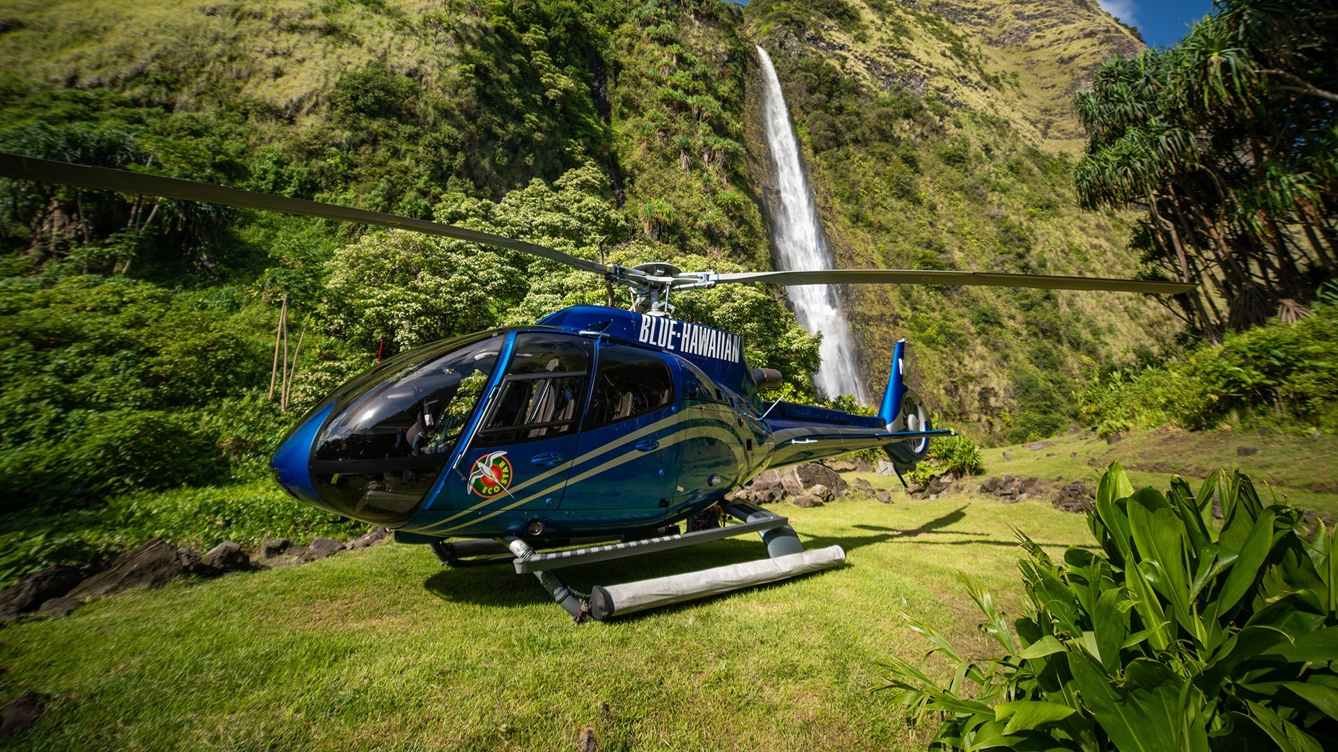 helicopter parked in a forest with a waterfall at the back
