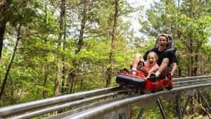 man and child on a mountain coaster passing through a forest
