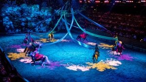 group pf performers on horseback holding fabrics draped from the ceiling with an audience