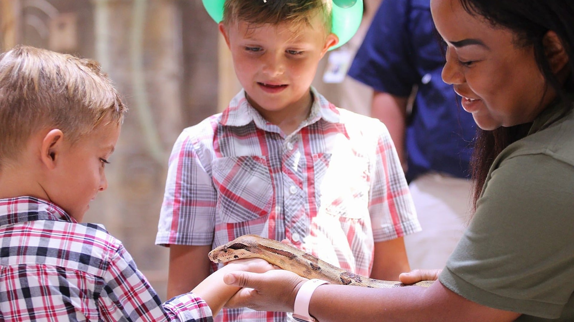 children interacting with a snake with a zookeeper