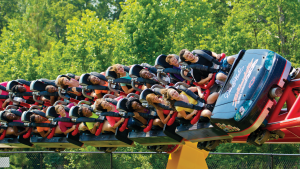 a group of people in a roller coaster