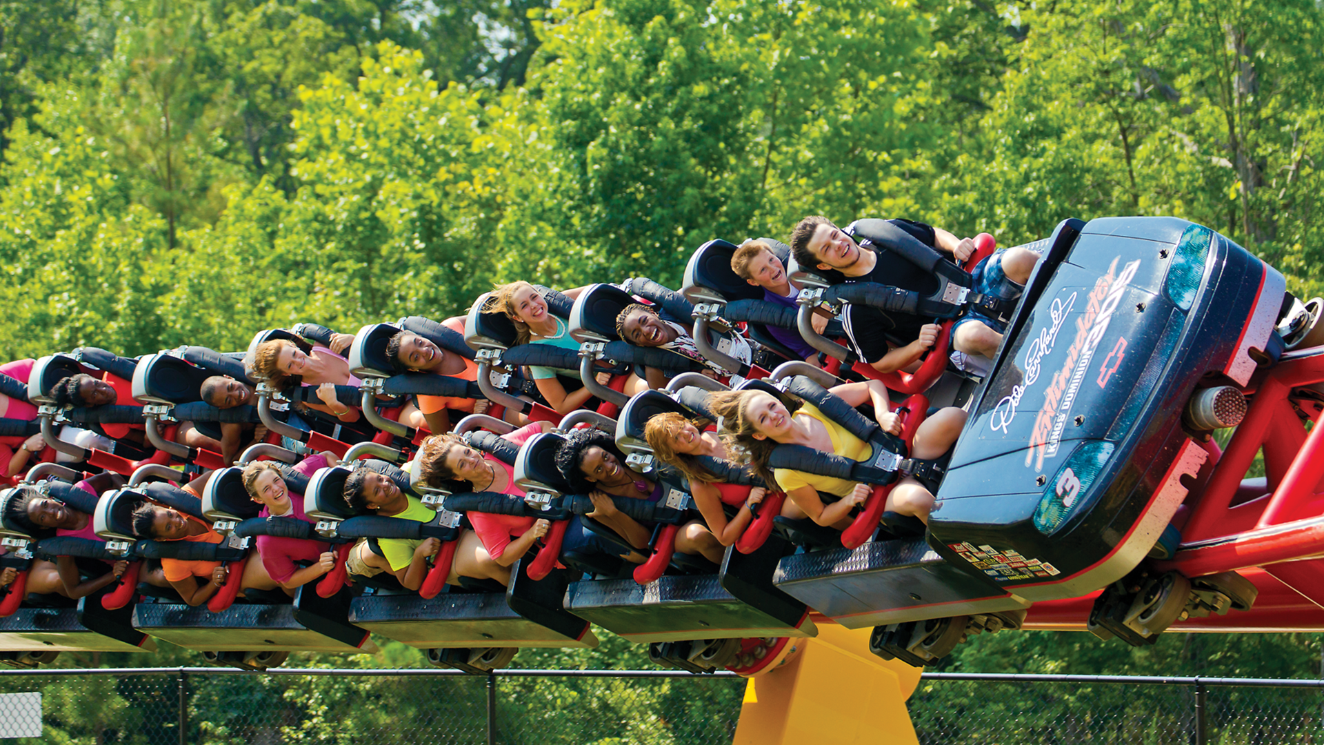 a group of people in a roller coaster