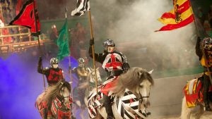 knights in costume bearing flags and riding horses