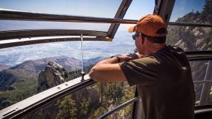 man looking at an aerial view of a city and forest