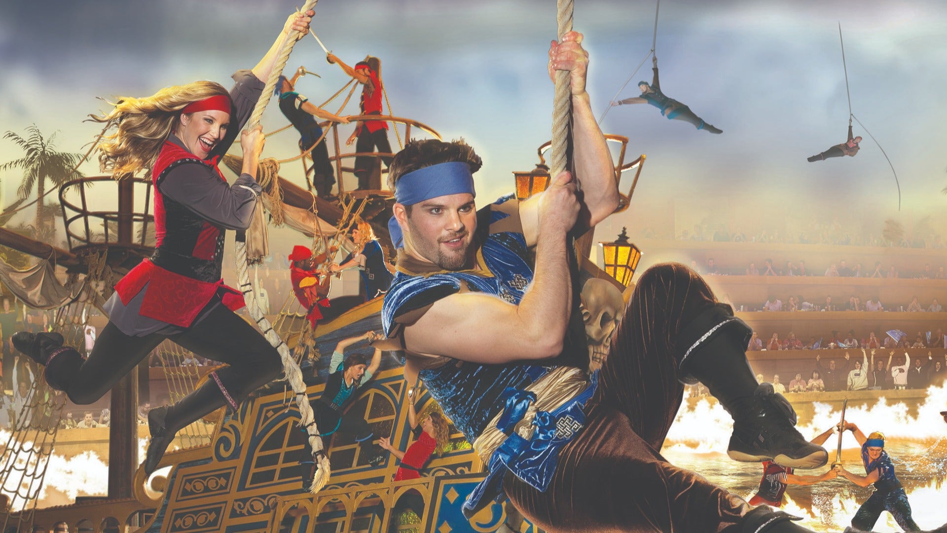 a poster of a man and a woman dressed as pirates with a ship behind