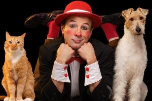 performer in makeup and costume in between a dog and a cat