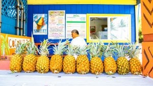 man selling pineapples with a store window behind him