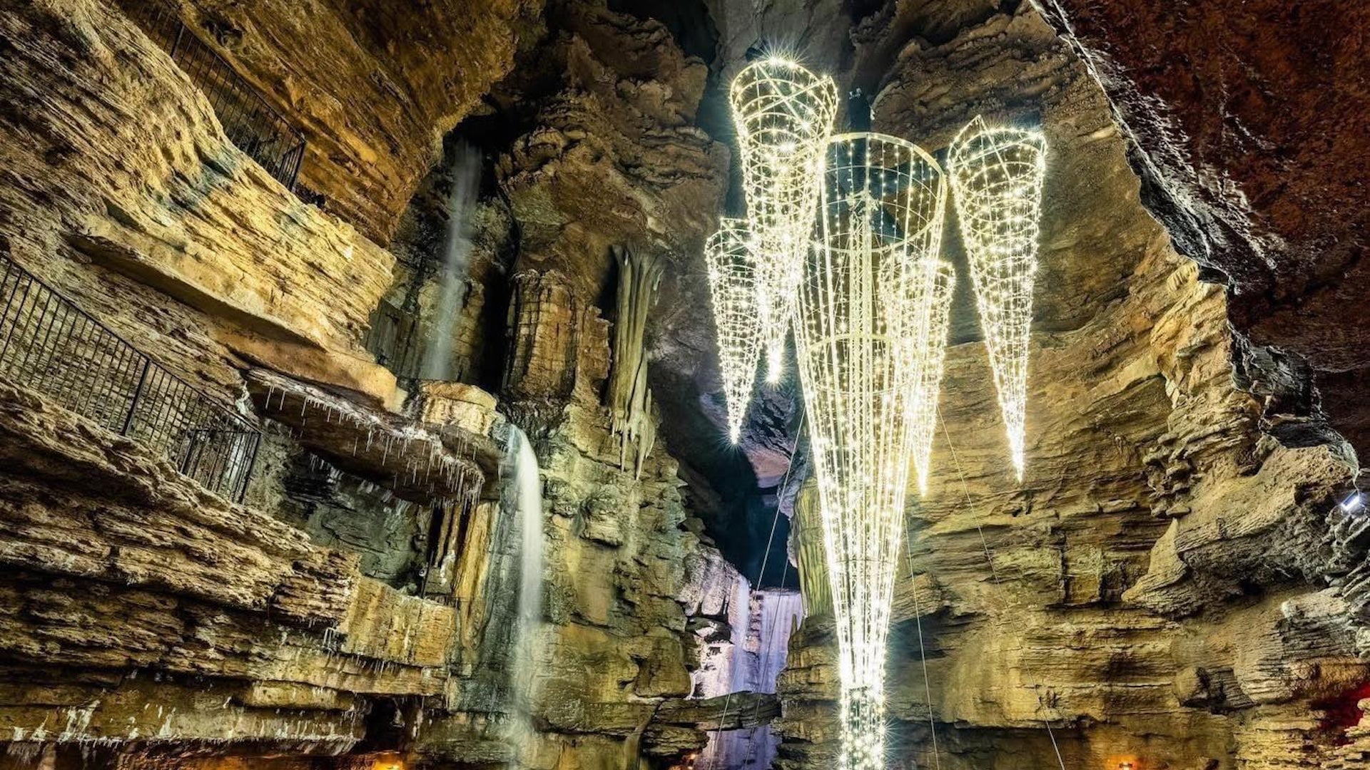 Hanging lights in a cave in Branson mo