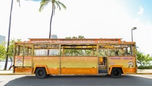 a tour trolley with palm trees at the back