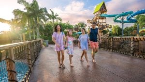 a family walking around a water park with slides at the back and a pool