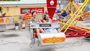 a mother and child riding a theme park scrambler