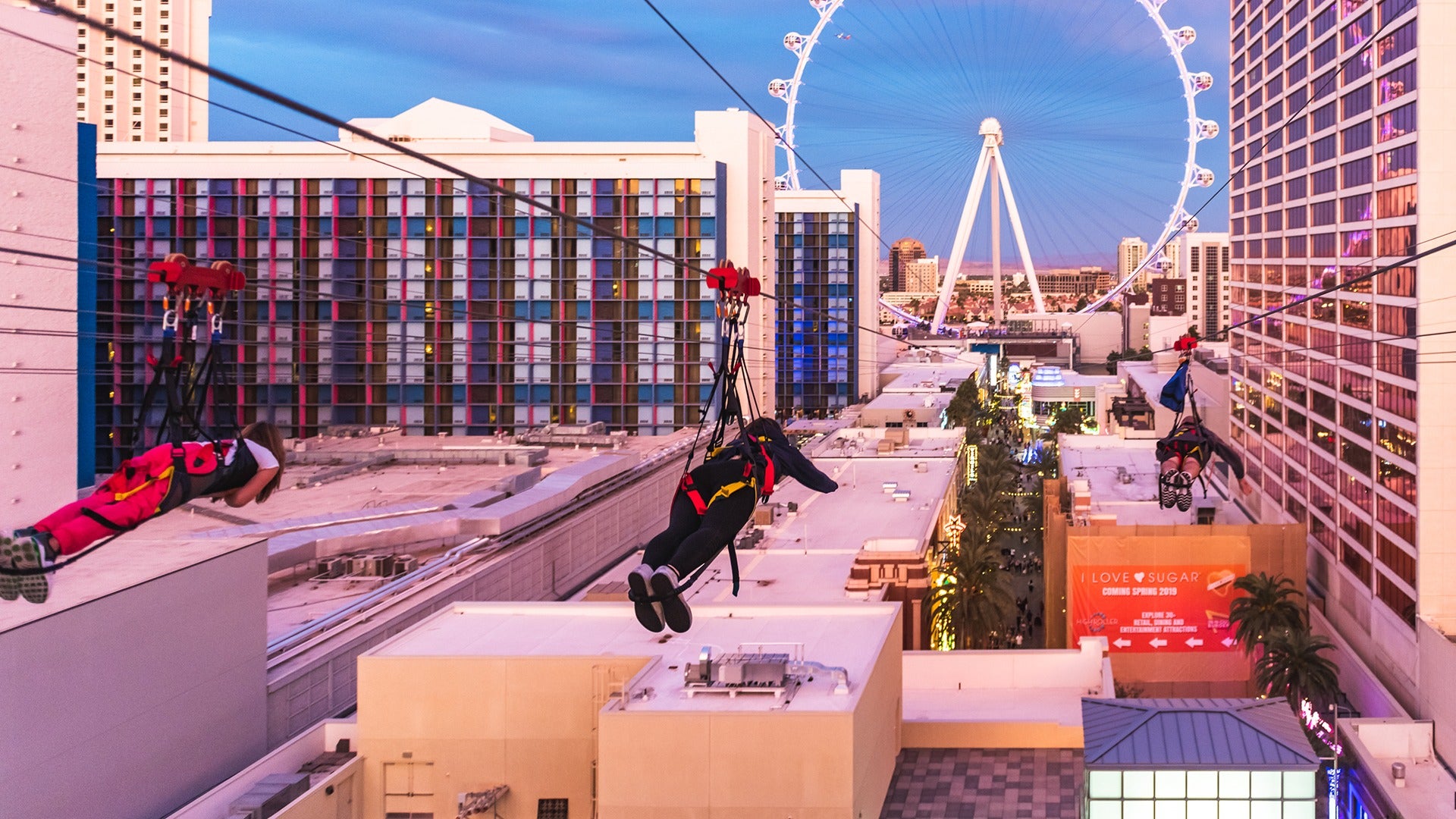 people ziplining to a large ferris wheel over the city