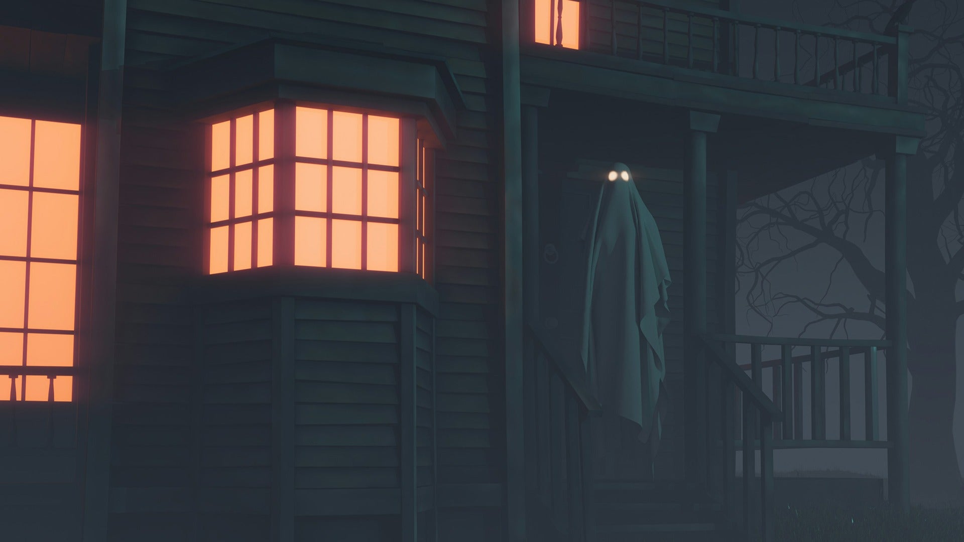 a ghost hanging on the staircase of an old mansion