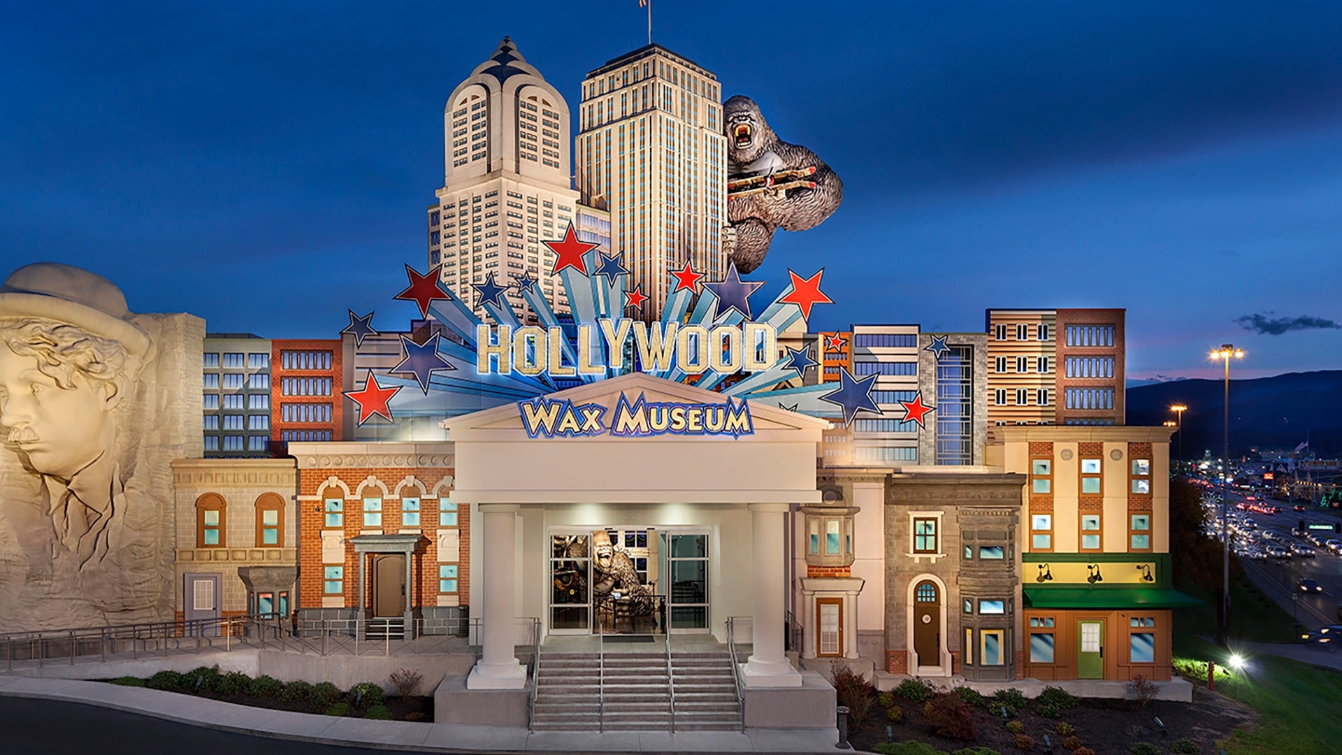 wax museum exterior with king kong and other hollywood icons on the front