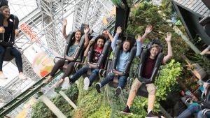 a group of people riding a roller coaster with their hands up in the air