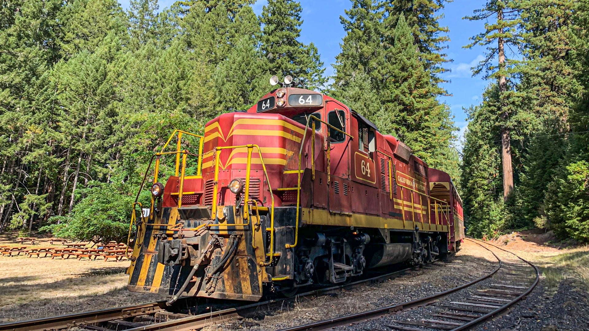 a red train passing by the woods