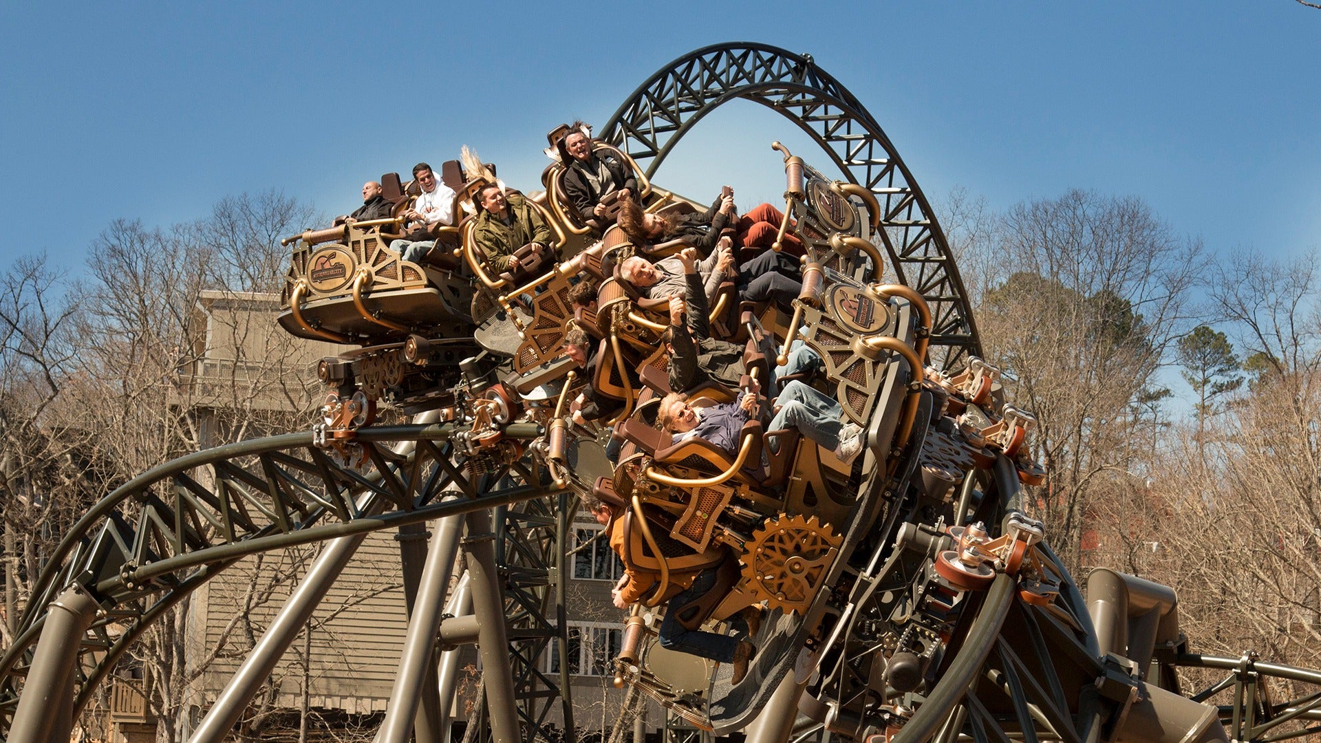 Time Traveler coaster car mid-spin on steel track in Branson, Missouri