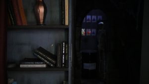 an escape room with a shelf of books and a skeleton in the corner